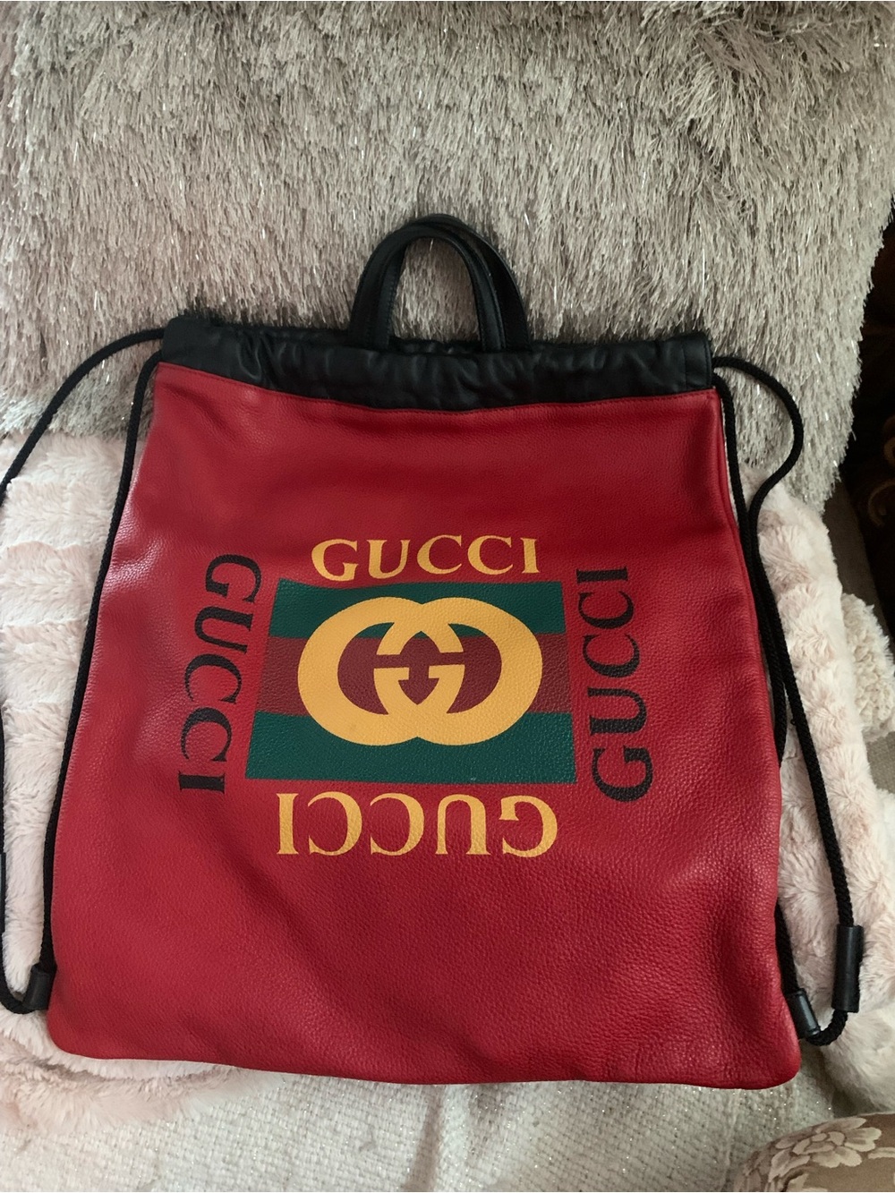 Gucci Red Leather Backpack with Yellow Logo and Green Stripe - Picture 2 of 6